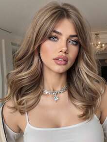 Tóc giả màu nâu gợn sóng dài ngang vai 14 inch có mái, chất liệu tổng hợp chịu nhiệt, phù hợp cho nữ, quà tặng lễ hội âm nhạc. - màu nâu - Xem 13