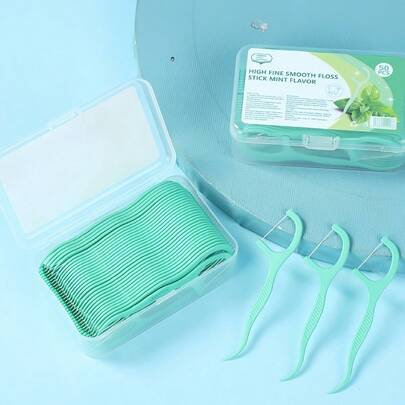 50pcs/Box Ultra-Fine Dual-Strand Mint Flavored Dental Floss Picks, High Tensile Strength