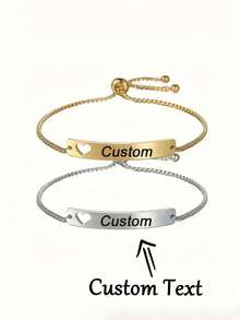 Customized Engraved Stainless Steel Bracelet With Heart Pendant - Personalize With Name, Date Or Message - Elegant Gift For Valentine's Day, Birthday, Mother's Day, Teacher's Day, Etc. - Customizable Personalized Chain Bracelet 304 Stainless Steel Engraved Hollow Heart Adjustable Jewelry Gift For Birthday, Back To School, Halloween, Christmas, Thanksgiving