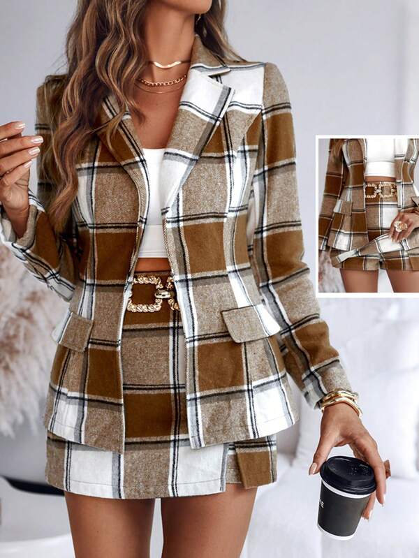 ChicMe Women 2 Piece Outfit Plaid Notched Collar Blazer Jacket And High Waist Zipper Side A Line Skort Set Elegant Business Office Outdoor Wear
