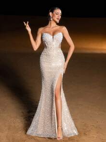 Faeriesty Haute Glamour Luxurious Beaded Sequin Mermaid Evening Gown, Lace-Up Back Detail & Graceful Mermaid Silhouette – Floor-Length Flared Skirt Ideal For Galas, Proms, Bridesmaid Dresses & High-End Evening Gatherings