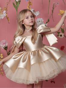 Young Girl Gold Bow Tulle Elegant Party Dress, Princess Dress Suitable For Girls Birthday Party, Wedding Flower Girl, Prom, Luxury Evening Gown, Easter, Graduation - Gold - View 3