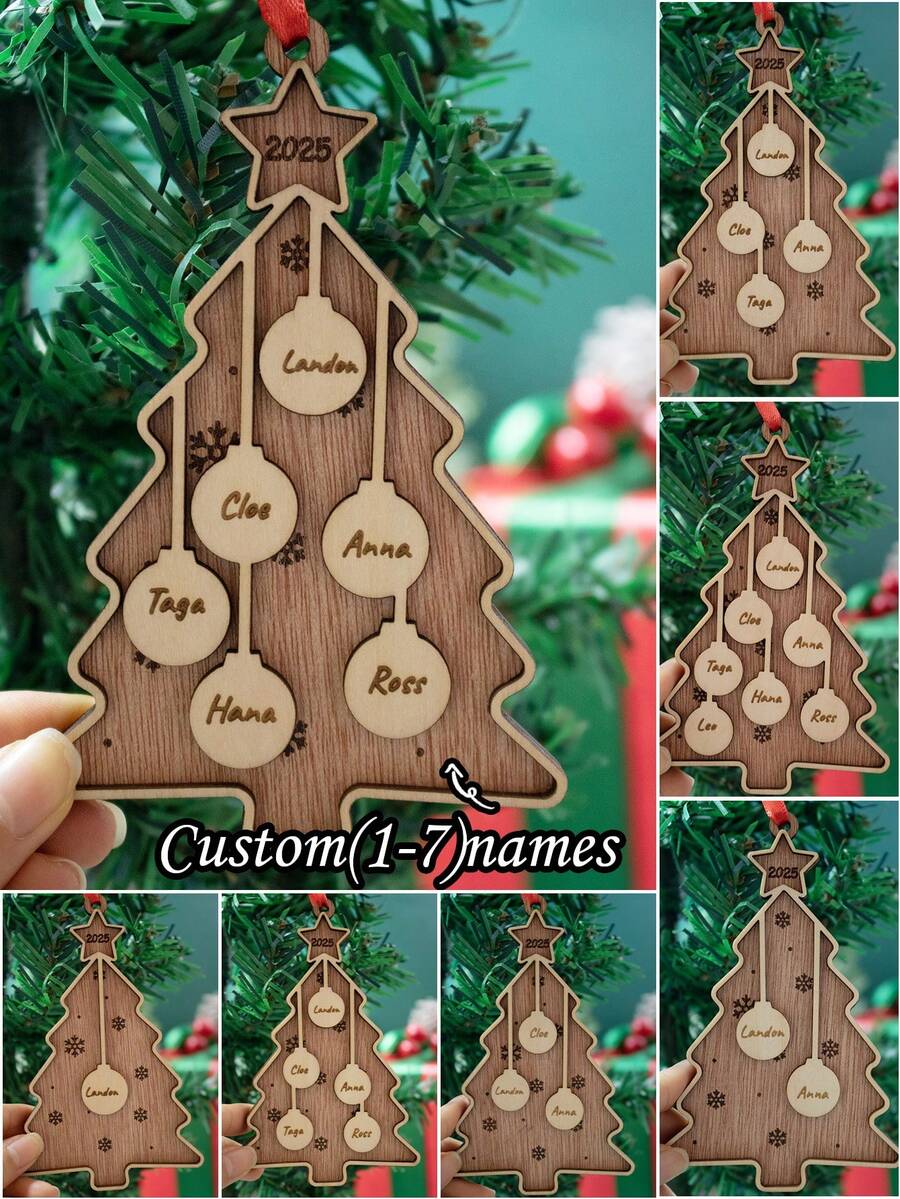 Custom Christmas Decorations, Personalized Christmas Tree Decorations, Customized 1-7 Names Ornaments, Customizable Christmas Decor, Diy Ornaments, Christmas, Living Room Decor, Outdoor, Garden, Double-Layer Wooden Pendant, Christmas Crafts, Room Decor, Boys, Girls, Mom, Dad, Family - Style a - View 1