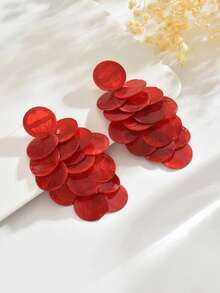 1 Cặp bông tai tua rua chùm nho sang trọng thanh lịch, bông tai tua rua dài hình đĩa tròn bất đối xứng có kết cấu phóng đại, phù hợp cho trang phục hàng ngày và đi nghỉ của phụ nữ (Kết cấu bề mặt của đĩa tròn có thể hơi khác biệt do ánh sáng và góc chụp, có thể có sự khác biệt nhỏ về màu sắc giữa sản phẩm thực tế và hình ảnh) - Đỏ - Xem 7