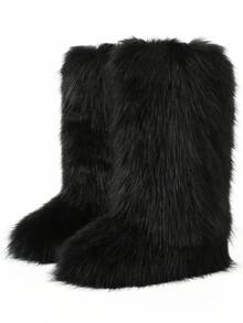 Women's Winter Furry Snow Boots Fuzzy Fluffy Round Toe Suede Booties Flat Heel Slip On Outdoor Indoor Shoes Fashion Warm Fluffy Shoes - 黑色長管 - 查看 8