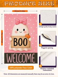 1 Stück Halloween Thema Rosa Punkte Schleife Geist Kürbis WILLKOMMEN Text Garten Flagge - Feiertag doppelseitig wasserdicht Jute, 11.8x17.7 Inches - Herbst Outdoor Dekoration, Outdoor Dekoration (Fahnenmast nicht enthalten)