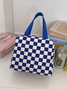 Bolso de mano grande de nailon con estampado de cuadros, bolsa de almuerzo de moda