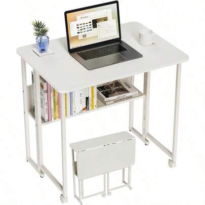 PTUWODS Kleiner klappbarer Computertisch mit Regal Schreibtisch für das Heimbüro Weib