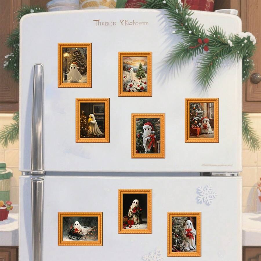 1/8 件油画风格磁性装饰艺术冰箱贴，圣诞树和鬼魂创意磁铁，圣诞节万圣节时尚磁性冰箱贴套装，方便在冰箱上整理用于厨房整理和展示 - 多色1 - 查看 1
