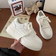 Zapatillas bajas de estudiante para mujer, deportivas de cuero, zapatos casuales blancos ligeros de suela gruesa para mujer - Blanco - Ver 11