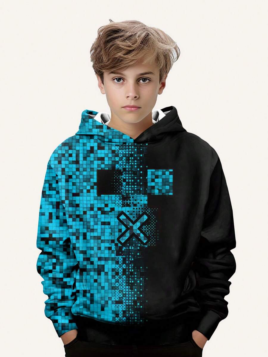 青少年男童时尚印花套头卫衣 - 长袖圆领卫衣，适合春秋季穿着，酷炫印花