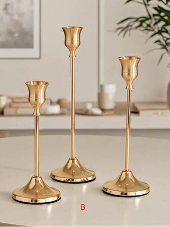3PCS/1PC Four-Season Golden Candlestick Straight-Pole Candle Display Props, Simple Home Romantic Table Decoration, Atmosphere Wedding Display, Suitable For Candlelight Dinner, Wedding Ceremony, Photo Props