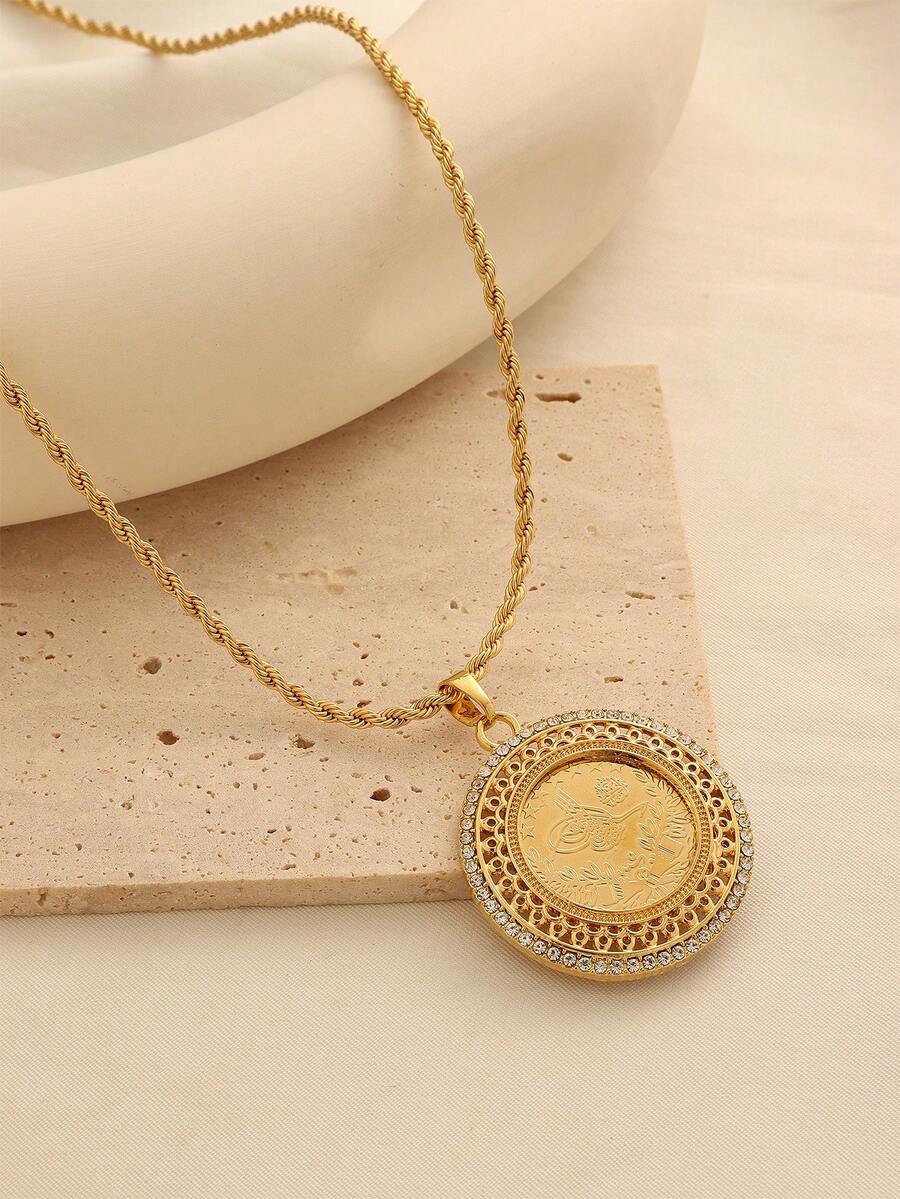 1 pieza Collar con colgante de moneda redonda de aleación de bronce vintage minimalista chapado en oro, adecuado para uso diario de mujeres y como regalo de vacaciones - Amarillo Oro - Ver 1