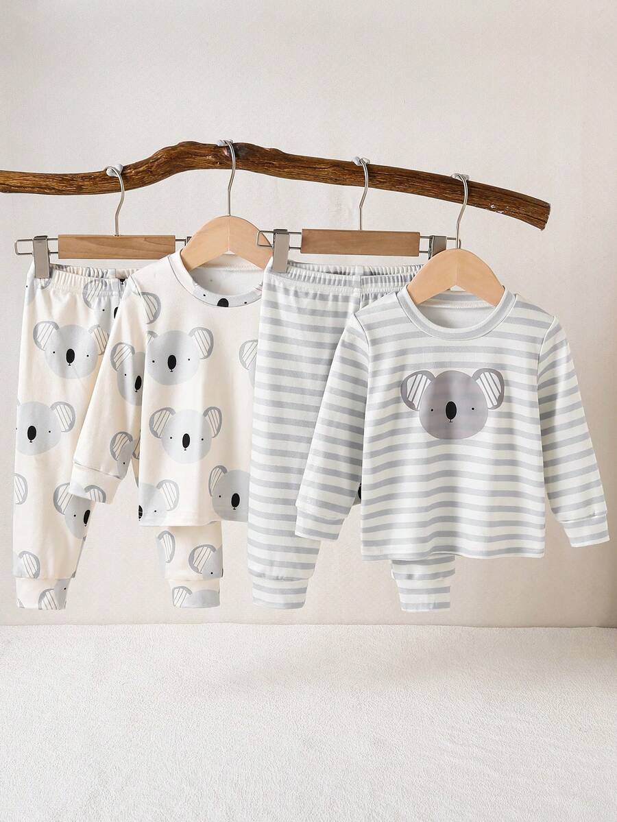 4pcs/Set Boys' Long Sleeve Striped Animal Print Pajama Set, Soft & Comfortable Fabric, Suitable For Daily Wear - Pink - View 1