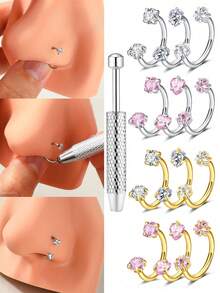 18G 2pcs Horseshoe Nose Studs, Incl. 1pc Taper Cone Ball Nose Stud, Stainless Steel Cubic Zirconia Nose Rings In White & Pink, Heart & Star Cubic Zirconia Lip/Eyebrow/Ear Studs, Unisex Gift