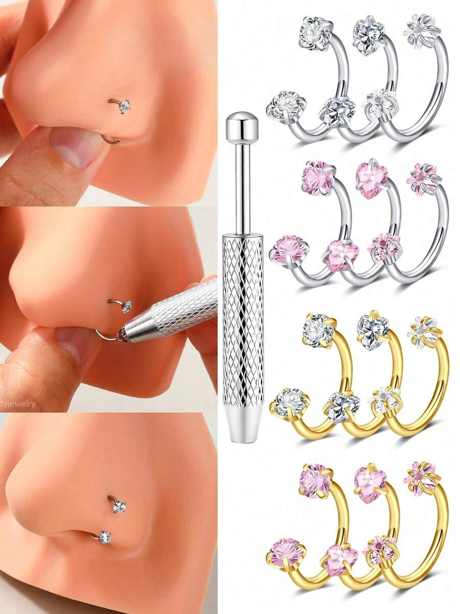 18G 2pcs Horseshoe Nose Studs, Incl. 1pc Taper Cone Ball Nose Stud, Stainless Steel Cubic Zirconia Nose Rings In White & Pink, Heart & Star Cubic Zirconia Lip/Eyebrow/Ear Studs, Unisex Gift