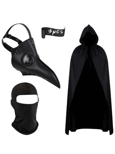 3pcs Medieval Extra Long Cloak, Plague Doctor Bird Beak Mask, Breathable Face Mask, Halloween Costume, Gothic Cosplay Birdlike Doctor Outfit