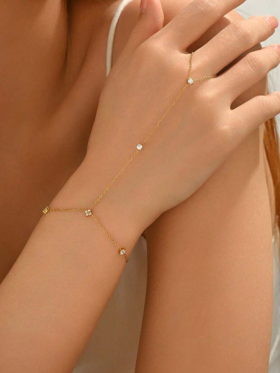 1 chiếc vòng tay xích vàng thanh lịch đính kim cương lấp lánh, thủ công tinh xảo, phụ kiện thời trang dành cho nữ - Vàng - Xem 1