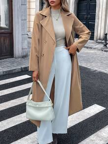 女式口袋纯色双排扣长款风衣，女式秋季服装 - 卡其色 - 查看 6