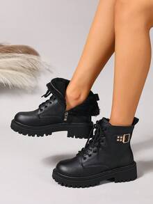 2026 Herbst/Winter Neue Damenschuhe, Warme Winterstiefel, modische vielseitige Lässig Damenschuhe, Leder Knöchelstiefel, Schwarz & Weiß Kurzstiefel mit Schnürung & Seitlichem Reißverschluss, Flache Damenstiefel, Damen Knöchel- und Kurzstiefel, Modische Damenstiefel