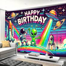2-In-1, Astronaut & Alien Birthday Pattern Background Fabric Banner, Polyester Fiber Backdrop, Multipurpose Tapestry Party Decor, Photography Studio Props, Suitable For Classroom, Office Celebration Events And Various Occasions