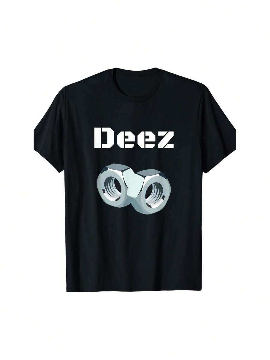 Ootd T Shirt 100% Cotton Funny "Deez Nuts" Graphic T-Shirt, Men's Casual Crew Neck Short Sleeve Tee With Geometric Design - 黑色 - 查看 1