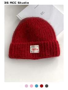 Gorro feminino de malha de cor sólida com proteção para orelhas, gorro quente e moderno para outono/inverno, adequado para uso casual