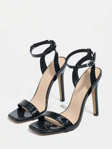 Jin Bei Qi Women's Square Toe Patent Leather Snakeskin Print Strap Criss-Cross Ankle Strap Open Toe Stiletto High Heel Sandals, Elegant, Luxurious, Fashion, Party, Sexy, Black High Heels - Black - View 6