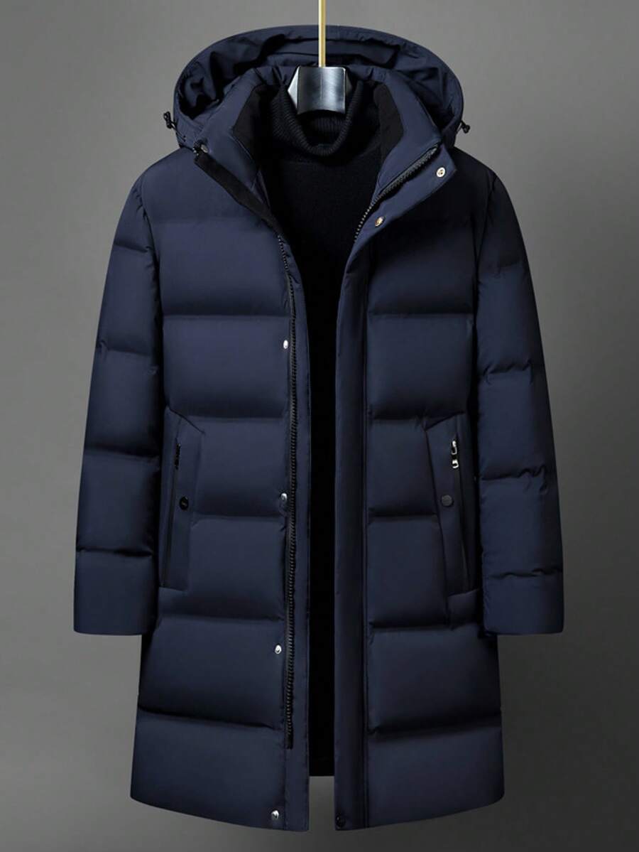 Men's Down Coat, Bench Coat, Long Coat, Cold Weather Wear, Water-Repellent Down Jacket, Simple Design, Detachable Hood, Thick Down Jacket, Solid Color, Quilted, Water-Repellent, Cold Protection, Windproof, Warm, Business, Casual, Couple's Winter Wear - Màu xanh lam - Xem 1