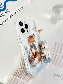 حافظة هاتف مضادة للسقوط مطبوعة بنمط الثعلب الثلجي المموج ذو الحافة المتموجة والملمس الكريمي واللمعان، مع إكسسوار سوار خرزي مصنوع يدويًا