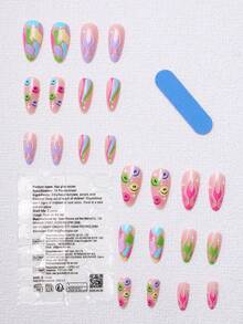 24Pcs Deluxe Colorful Water Drop Shape Press-On False Nails, Featuring Flames, Smiling Faces, Stripes And Other Patterns. Perfect For Daily Wear, Comes With Jelly Glue And Nail File. Nail Supplies Nails - Multicolor - View 10