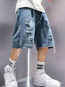 Baggy Jean Shorts Men, Y2k Jorts Cargo Ripped Elastic Waisted, Mens Denim Shorts Loose Fit Vintage Streetwear Summer - 淺色水洗藍 - 查看 4