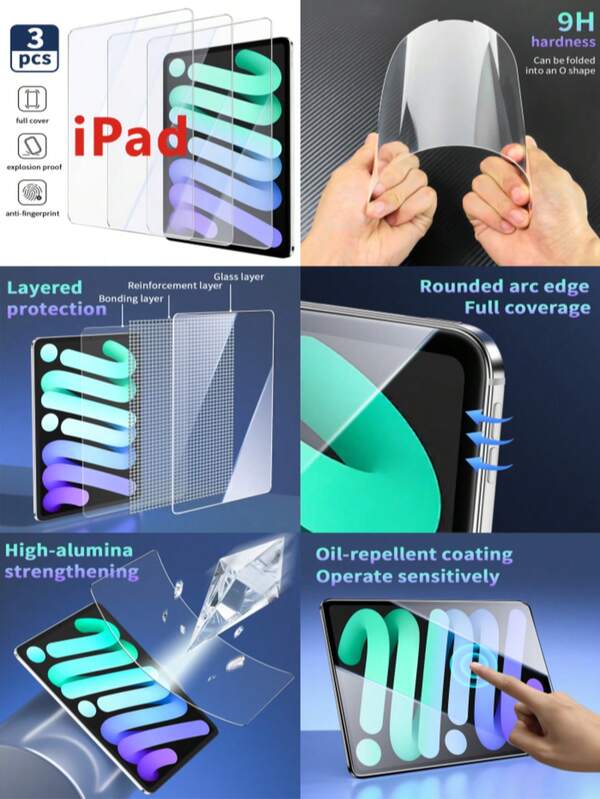 3 Stücke 9H Ultra-Hartglas Bildschirmschutz, kratzfest und stoßfest, abgerundete Kanten kompatibel mit IPad Mini 1/2/3 (7,9"), IPad Mini 4/5 (7,9"), IPad Mini 6/7 (8,3"), IPad Air 1/2/IPad 5/6 (9,7"), IPad 2/3/4 (10,1"), IPad 7/8/9 2020 (10,2"), IPad Pro 10.5/Air 3 (2019) (10,5"), IPad 10 10,9"/IPad A16/2025 (10,9")
