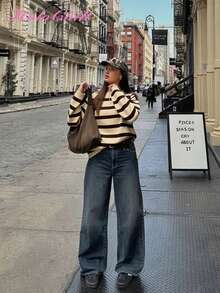 Pulover HoloChill pentru femei, casual, cu guler rotund, cu dungi, în culori blocate, model casual de vară, model nou, Carnaval