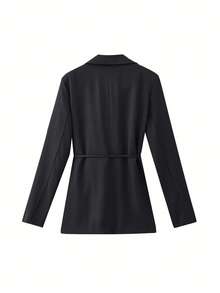 Sacou damă cu imprimeu floral 3D în culori uni, cu buzunar dublu, ținută de birou și casual, toamnă/primăvară - Negru - Vizualizare 7