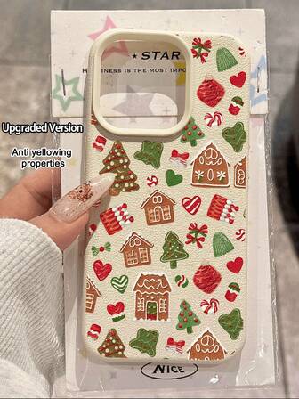 1 pieza Funda de teléfono suave, resistente al agua y antideslizante con diseño minimalista y de moda de árbol de Navidad y casa de jengibre con textura de piel de litchi, compatible con Apple/Teléfonos