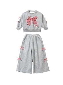 Girls Cute Casual Pullover Set, Girls Loose Fit Sweatshirt Two Pieces Outfit With Bow Decor, Spring/Autumn