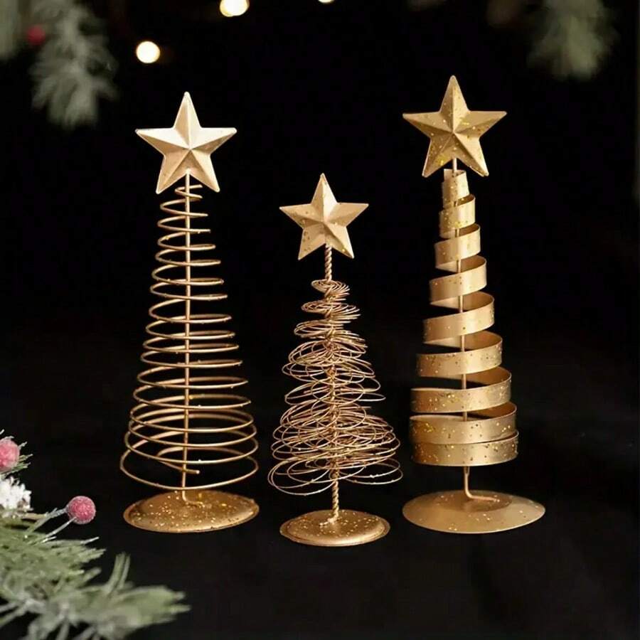 3 piezas Árboles de Navidad mini dorados - Decoración de escritorio elegante, base resistente, centro de mesa con forma de botella vintage, artesanía premium, adecuado para el hogar, la oficina, fiestas - Decoración navideña para el hogar, sin necesidad de electricidad, decoración navideña, adornos navideños, decoración de oficina, artesanía premium, hierro duradero, lo mejor para Navidad (estilo aleatorio) Decoraciones navideñas Decoración de habitación Invierno