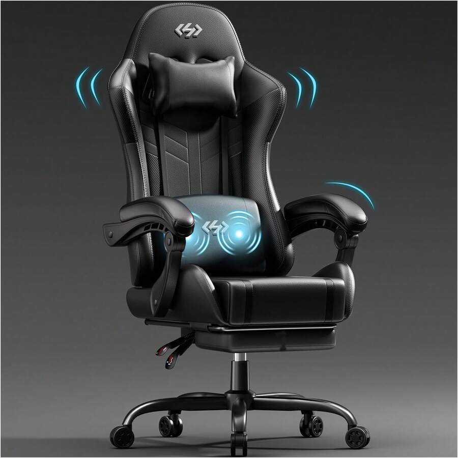 HLONONE Gaming Chair, Ergonomic Office Chair, Racing Gamer Chair With Comfortable Headrest And Lumbar Cushion, PC Chair For Adults And Teens, 150 Kg Swivel Chair Height Adjustable - 黑色 - 查看 1