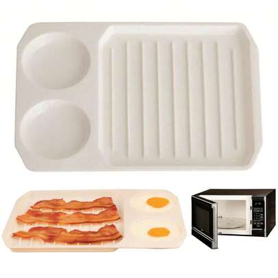 11x8 英寸微波炉培根烹饪器，白色带槽微波炉培根托盘，带 2 个煮蛋杯，不粘设计，快速烹饪，经典厨具礼品
