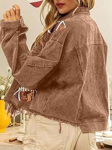 Women's Cropped Corduroy Jacket Football Sequin Patched Short Button Raw Hem Jacket Coat - màu nâu - Xem 2