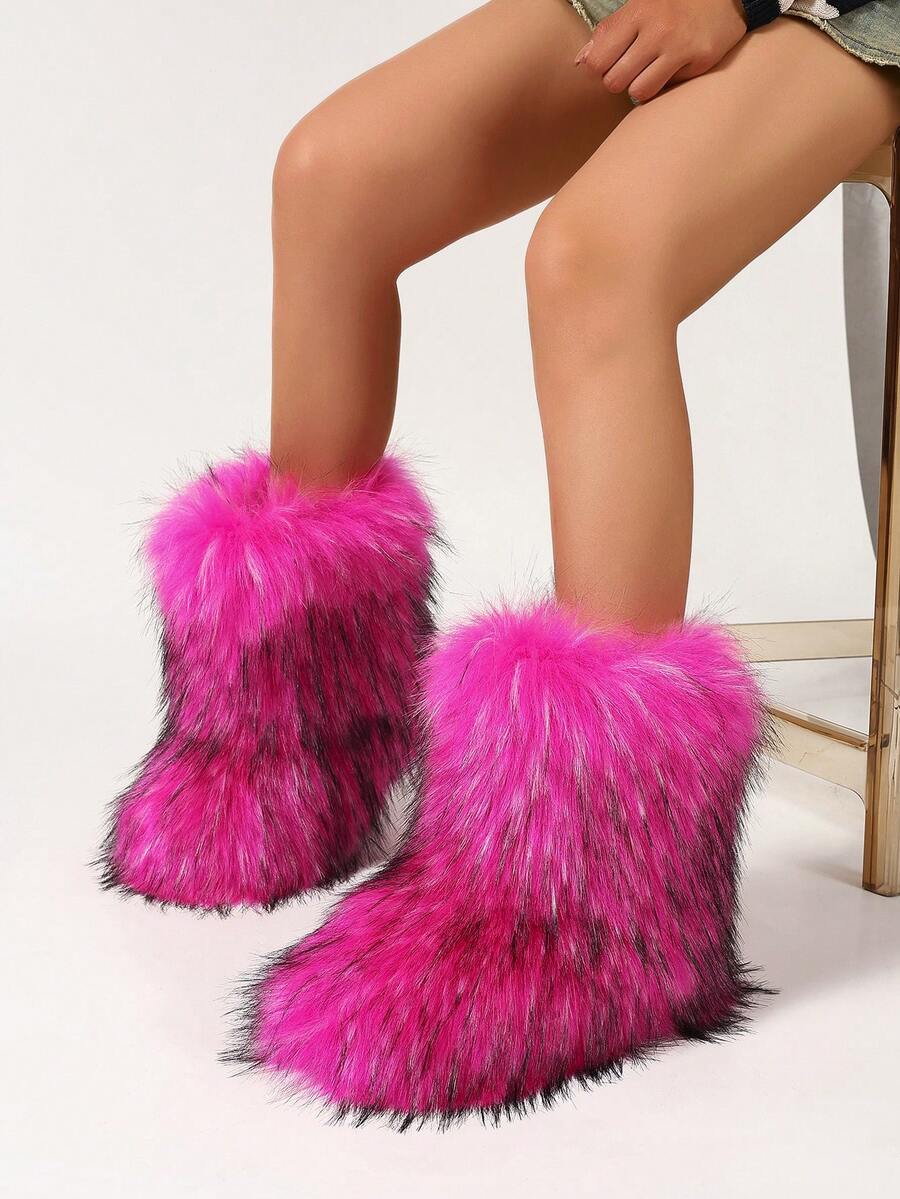 Women's Faux Fur Boots, Fluffy Round Toe Suede Winter Warm Comfortable Flat Ankle Boots For Indoor And Outdoor