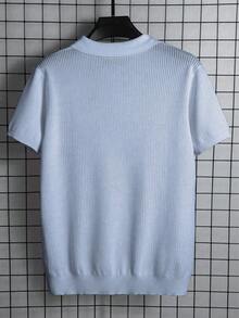 Men's Hollow Design Knitted Polo Shirt, Minimalist & Fashionable, Suitable For Summer - Baby Blue - View 4