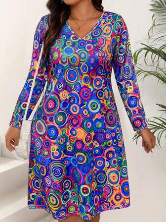 Vestido largo de manga larga con cuello en V y falda circular para mujer talla grande - Elegante vestido midi con falda fluida, vestido casual de oficina y fiesta, vestido primaveral clásico tipo "A" naranja de moda para tallas grandes