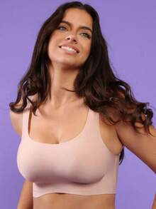 New Women Plain Color No Underwire Soft Wide Shoulder Straps Bras Full Coverage Everyday Bra Wireless - Beige - View 2