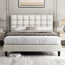 Butterslay Upholstered Platform Bed Frame Linen Fabric Adjustable Tufted Headboard 12 Wooden Slats 750/800lb Capacity 6" Under-Bed Space Queen/Full, Navy Blue/Dark Gray/Beige - 米色 - 查看 1