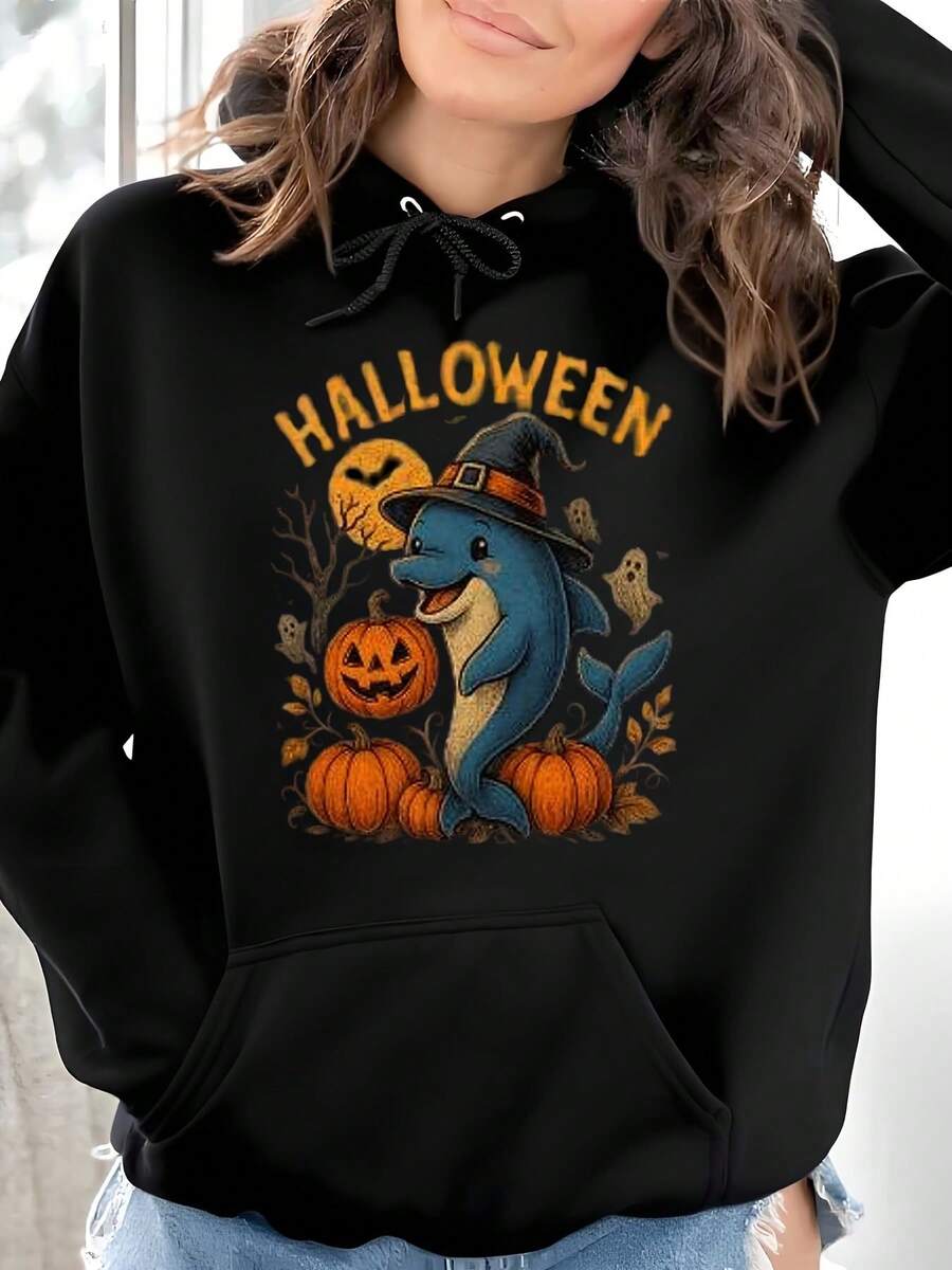 Halloween Dolphin Hoodie Design Spooky Witch Hat Illustration