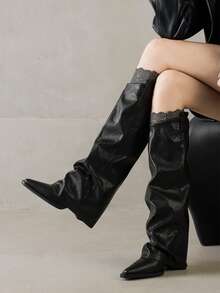 Bottes hautes à talon épais avec pointe pointue plissée, style vintage classique. Confortable pour le port quotidien, automne/hiver - Noir - Voir 4