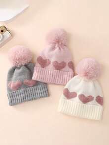 1 件婴儿双层加厚提花心形针织帽，可爱温暖女童针织帽 - 1PC - 查看 3