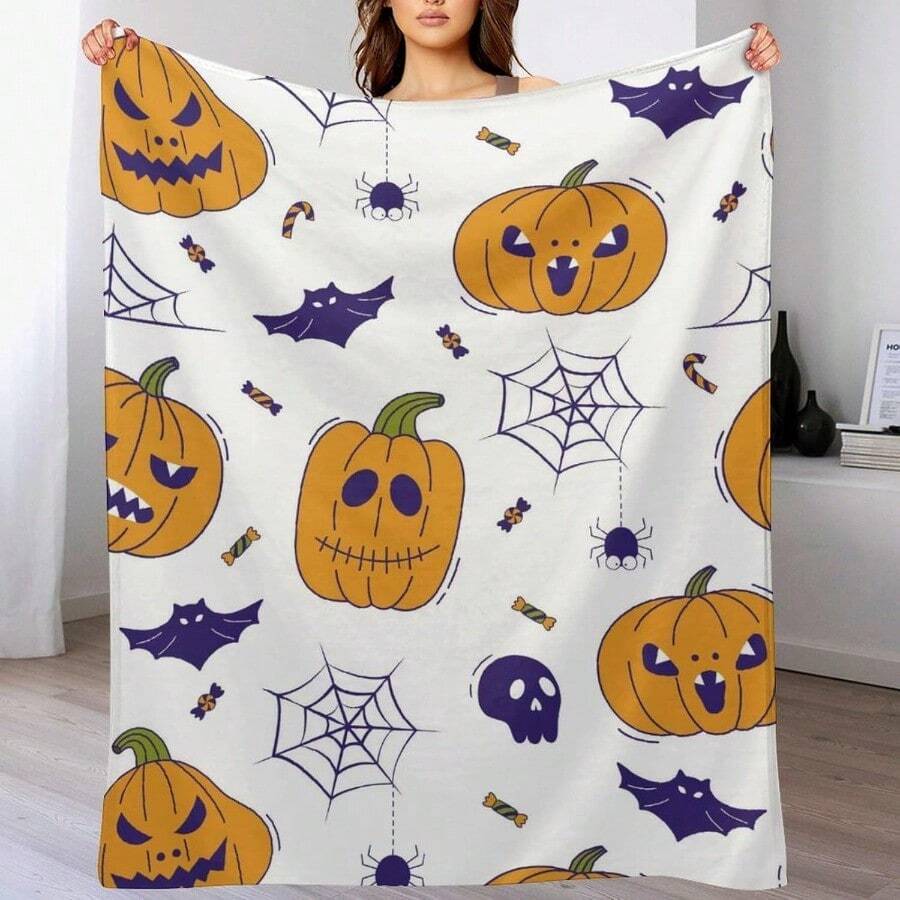 Flannel Fleece Blanket Plush Spider Webs Witch's Hat Black Bats Decorated Pumpkins 40 * 30ingift - 30"x40"+Style-7 - View 1